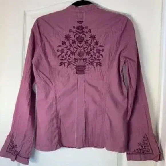 Dex Fresh Vintage Y2K Embroidered Blouse Mauve Mandarin Collar Size M Boho - Picture 3 of 8
